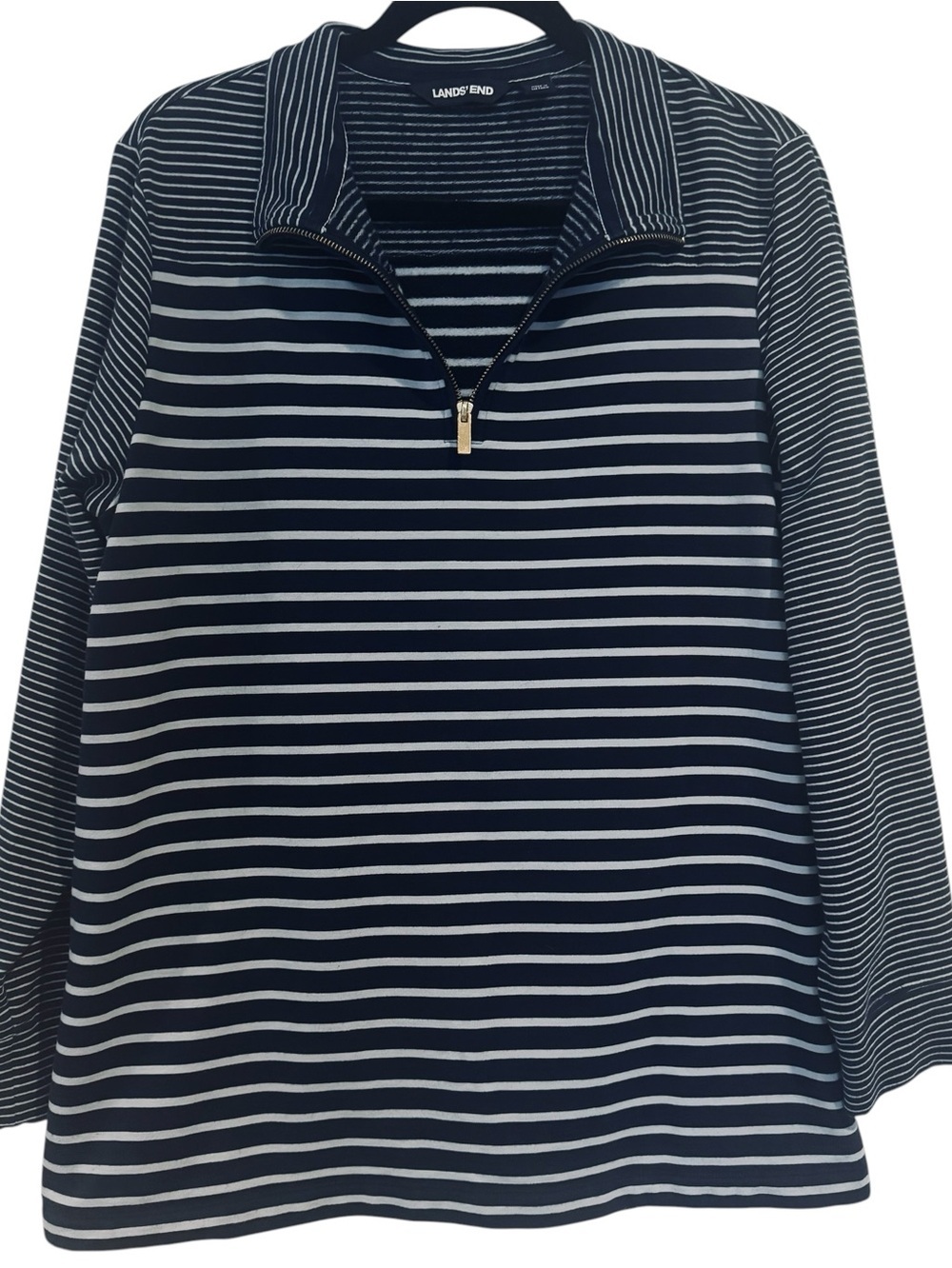 Land's End Navy Blue White Striped Stripes Zip Front Pull Over Pockets Large